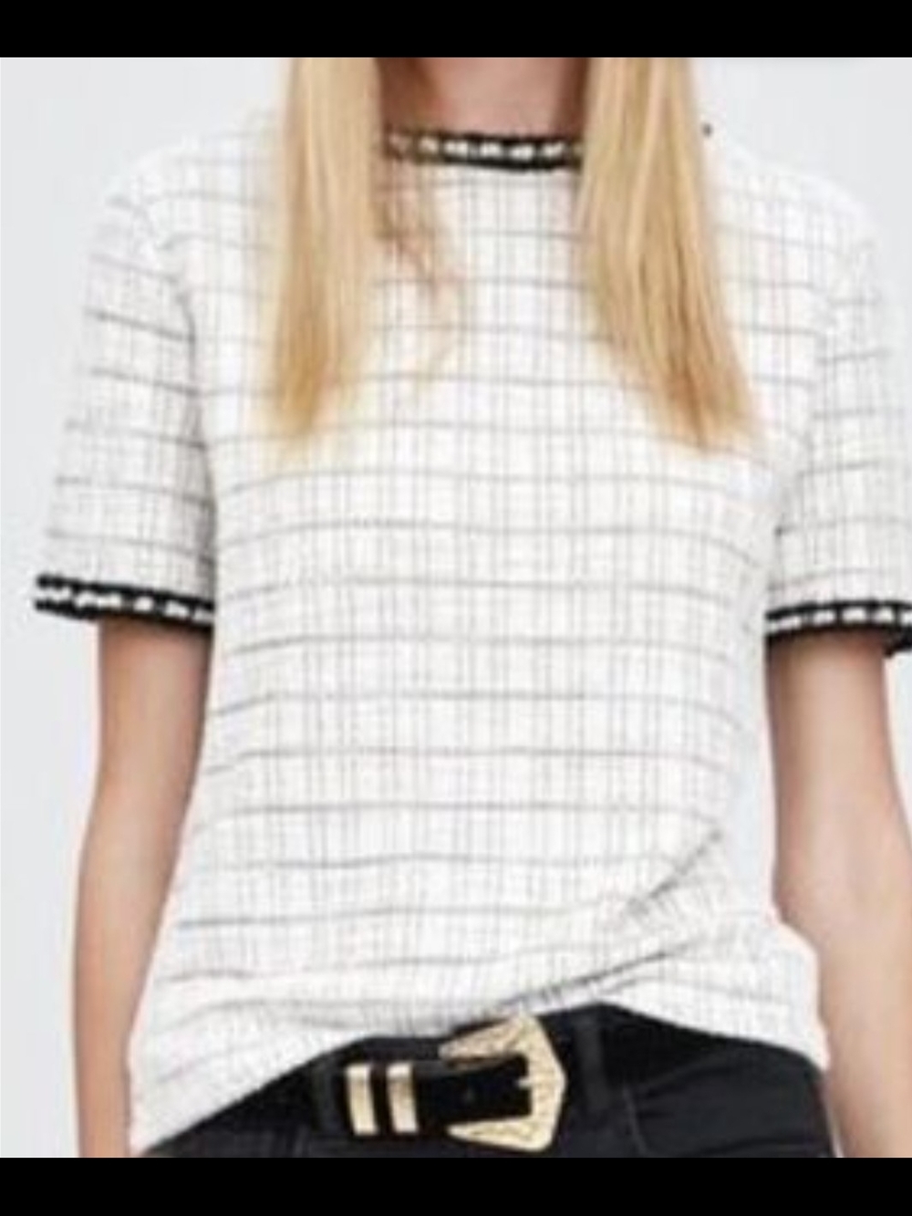 Zara Cream Grid Short Sleeve Top with Black Trim And Pearls